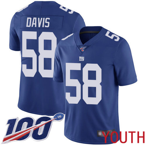 Youth New York Giants 58 Tae Davis Royal Blue Team Color Vapor Untouchable Limited Player 100th Season Football NFL Jersey